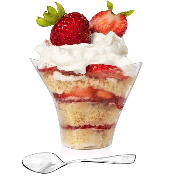 Mini Swirl Triangle Dessert Cups - Plastic Disposable Reusable for Serving Dessert, Fruits & Mini Appetizer - Sampling Tasting Cups for Wedding Birthday Parties by Loreso(48CT 3.5oz Cups with Spoons)