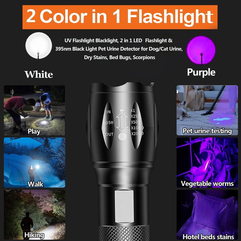 MVIOCS UV 2 in 1 Flashlight, Portable Waterproof Blacklight Flashlight,