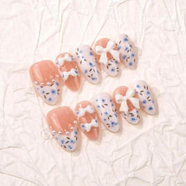 30Pcs Bow Press on Nails Short Almond Fake Nails Blue Flower French Tip False Nails with 3D Pearl Design Cute Bow Glue on Nails Glossy Full Cover Reusable Acrylic Nail for Women Manicure Decorations