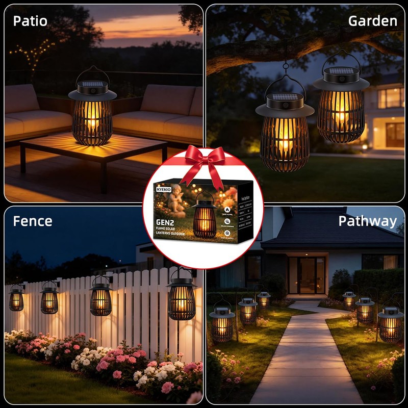 2026 Gen2 Flame Solar Lantern Outdoor Lights, 4Pack Hanging Lantern