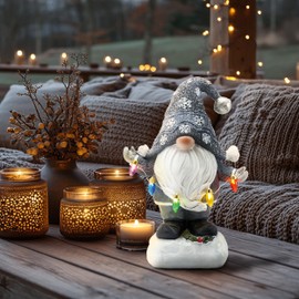 TERESA'S COLLECTIONS Christmas Decorations Garden Gnome with LED Lights, Solar-Powered Outdoor Statue, Festive Decor, Durable Resin Sculpture for Front Porch, Yard Ideal, 8.8"