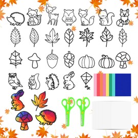 POFIBO Autumn Crafts Children, 26 Pieces Window Pictures Autumn, Autumn Decoration DIY Craft Set Paper Craft Sets, Craft Templates Autumn, Maple Leaves, Animals, Pumpkin and Mushrooms Children's Gift