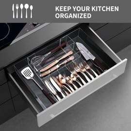KTOTCKI Clear Acrylic Drawer Organizer for Kitchen Utensils and Flatware, Adjustable Silverware Tray with 9 Compartments for Drawers, Office, and Bathroom Storage