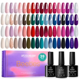 Beetles Gel Polish Set Reflective Glitter Red Blue Green Nude White Pink Purple Spring Gel Nail Polish 39Pcs Gift for Girls with Base Matte Glossy Top Coat Soak Off Uv LED Nail Lamp Needed