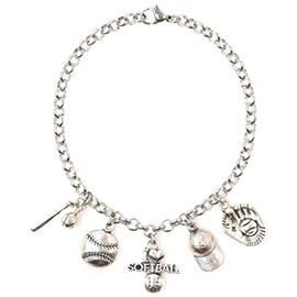 It's All About...You! Adjustable 8.5” Stainless Steel Bracelet I Love Softball Bat & Ball Baseball Cap Mitt Personalize with Clip on Charms 68F
