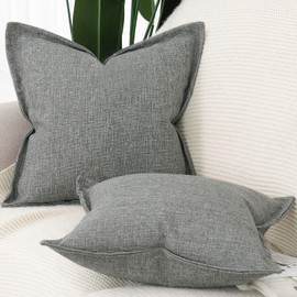 Madizz Set of 2 Linen Cushion Covers with Wide Edge, Soft Decorative Cushion Covers for Sofa, Bedroom, Grey, 40 x 40 cm, Square