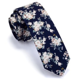 Gusleson Mens Slim Floral Tie White Skinny Ties for Wedding Groomsmen Thin Navy Blue Necktie (UK0943-03)