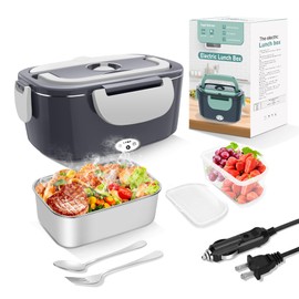 Electric Heated Lunch Boxes Adults: 80W Electric Lunch Box Food Heated 12/24/110V 1.5L Heatable Lunch Box for Car/Truck/Office Leak-Proof Stainless Steel Container, Fork & Spoon, Bag (Dark Grey)