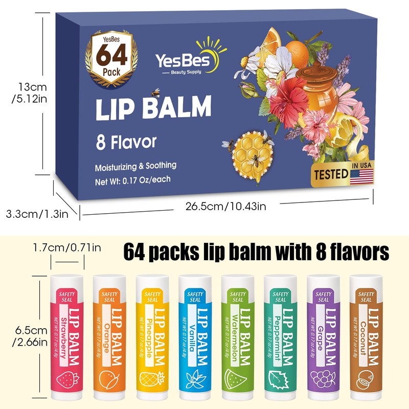 YesBes 64 Pack Lip Balm, Natural Lip Balm Bulk with