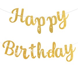 Gold Happy Birthday Banner, Pre-Strung Glitter Birthday Sign Gold Happy Birthdays Sign Birthdays Garland Wall Door Banners for Women men Party Backdrop Decorations, 8.2 Inches