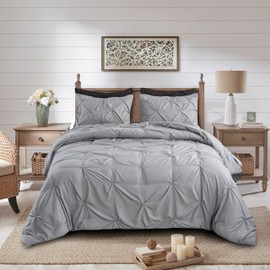 Marina Decoration Ultra Soft Luxury Fluffy Goose Down Alternative Solid Geometric Pintuck Tufted Bedding Set Pinch Pleated 2 Piece Comforter Set with Ruffled Sham, Grey Color Twin/Single Size