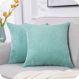 Topfinel Set of 2 Striped Corduroy Square Throw Pillow Case Soft Cushion Covers for Sofa Couch Bedroom Decorative Fluffy Large Pillowcases 20x20 Inch 50x50cm Teal