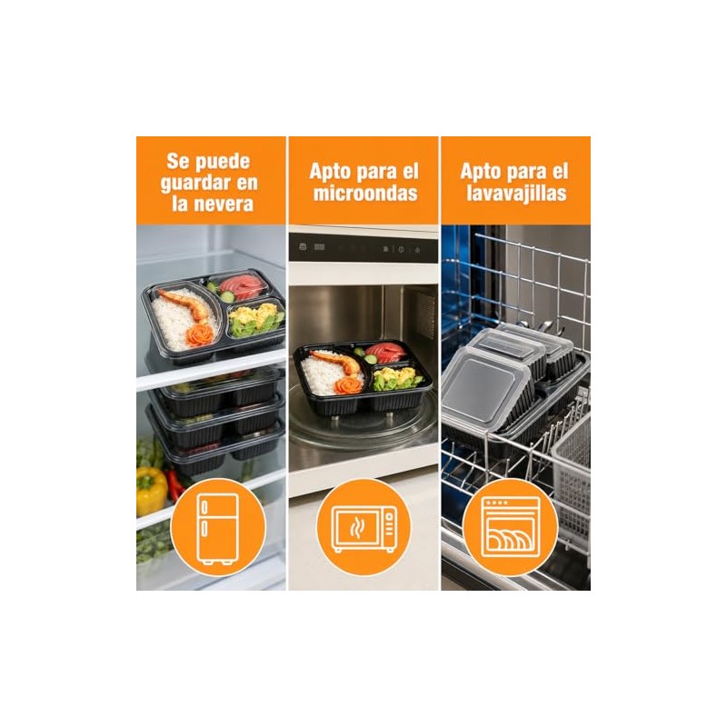 20 Contenedores para Alimentos de 40 oz, 3 Compartimentos y