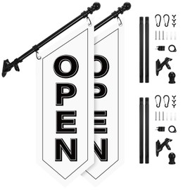 Jetec 2 Pack Open Flags with Pole Kit Heavy Duty Canvas Open Banner for Business Storefront 36 x 12 Inches Double Sided Sign with Bracket for Business Advertising Outdoor Opening Retail Shops(White)