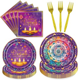 96 Pcs Happy Diwali Decoration for Home, Purple Diwali Disposable Plates Napkins forks Set for 24 Guests, Hindu Dinner Plate and Napkin Set Festival Party Decoration Supplies