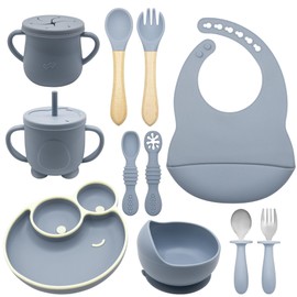 Silicone Baby Feeding Set 11pcs,Baby Led Weaning Supplies,Suction Bowl Divided Plate, Toddler Cup,Baby Spoons Forks with Baby Snack Container-6+ Months (grey)