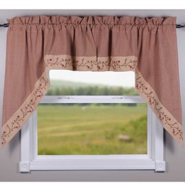 Primitive Home Decors Star Berry Vine Gingham Check Barn Red and Nutmeg 72" Wide x 36" Long Cotton Lined Curtain Swag