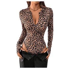 Milumia Women's Leopard Print Zipper Front Long Sleeve Bodysuit Y2k Leotard Tops Brown Medium