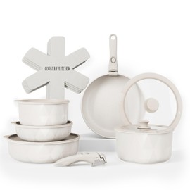 Country Kitchen Cookware Set with Removable Handle, Oven & RV Safe Pots and Pans Set, Cream Diamond, Original