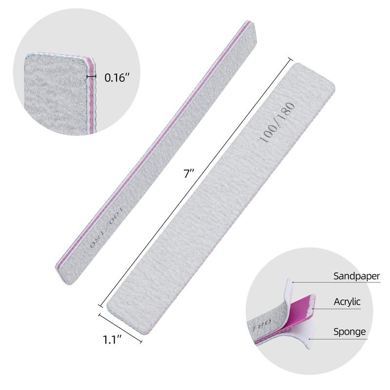25 Pack 100/180 Grit Nail Files for Acrylic Nails, Rectangle