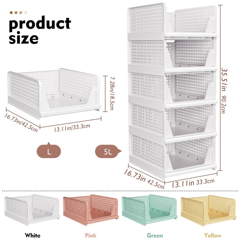 SNSLXH 5 Pack Stackable Closet Storage Basket, Multifunctional & Foldable