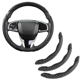 GIANT PANDA Leather Steering Wheel Cover, Car Accessories Interior, 3-Piece Steering Wheel Cover Universal for 99% Car, SUV, Truck (Diamond Quilt Grey)