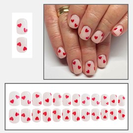 RIICFDD 24 Pcs Valentine Press on Nails Short Square Fake Nails Nude False Nails with Red Heart Love Design Glue on Nails Full Cover Glossy Acrylic Nails for Women DIY Valentine Romantic Manicure