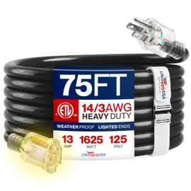 75ft Outdoor/Indoor Extension Cord 14/3 Gauge Heavy Duty 3 Prong SJTW, Waterproof, ETL Listed, Flexible Cold-Resistant Long Power Cord,13A 125V 1625W, Black by LifeSupplyUSA