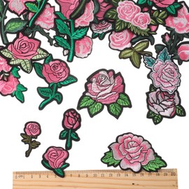 Elegapermab 25 Pcs Pink Iron on Patches, Rose Patches Iron on for Clothing Jackets Jeans Backpacks, Decorative, Pink Embroidered Flower Patch