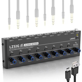 LZSIG Audio Mixer, Stereo Line Mixer for Sub-Mixing, Ultra Low-Noise, 8-Channel, 1/4" & 1/8" TRS Output and Input, for Drums, Guitars, Bass, Keyboards