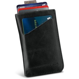 Anburi Genuine Top Grain Leather Slim Card Sleeve Wallet With Pull Tab, RFID Protected, Black, Men's Minimalist Front Pocket Card Holder, Black, Minimalist