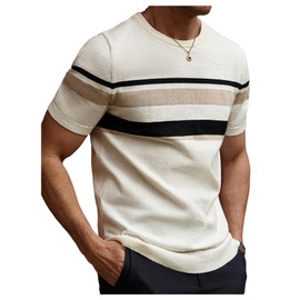 Verdusa Men's Old Money Striped Color Block Sweater Short Sleeve Crew Neck Casual Fitted Knitwear White X-Large