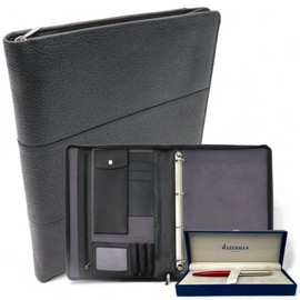 Bundle Leather Writing Case A4 Model Paris with Waterman Pen - Conference Folder A4 - Document Folder A4 - Black