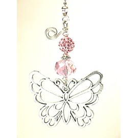 Beautiful Silver Butterfly with Pale Soft Pink Rhinestone and Faceted Glass Ceiling Fan Pull Chain