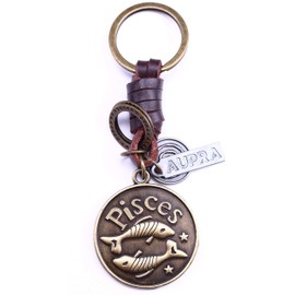 AuPra Pisces Zodiac Leather Keyring Best Friend Gift Idea Women & Men Safe House Keychain Fishes Horoscope Simbol Charm Girl & Boy Friendship Small Present Car Key Ring Pendant