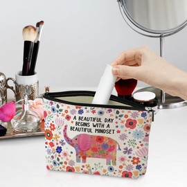 Inspirational Gifts for Women, Floral Elephant Encouragement Gifts Graduation Birthday Gifts Makeup Bag Cosmetic Bag Cheerful Mindset Gifts for Women Girls Best Friend Grandma Mom Girl Mothers Day