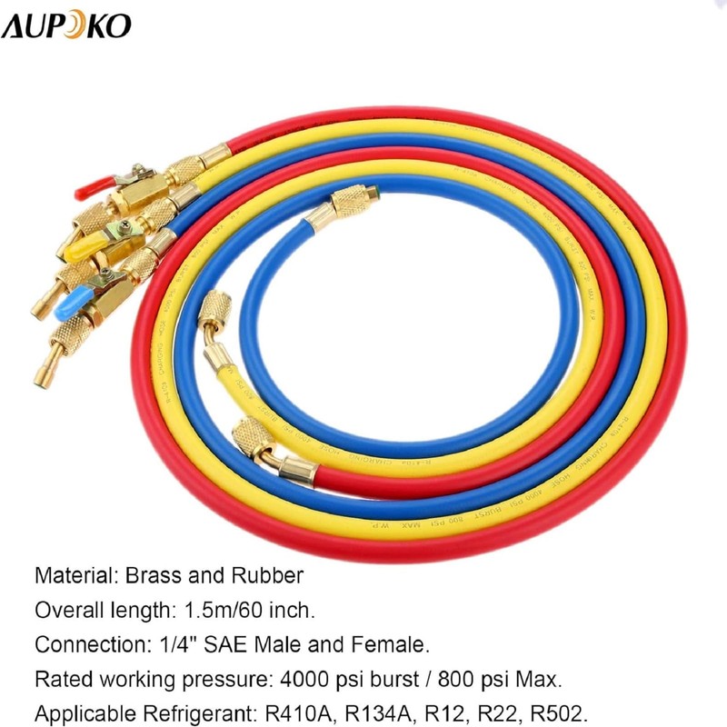 Refrigerant A/C Charging Hoses with Ball Valves, 3-Color 60" R410A