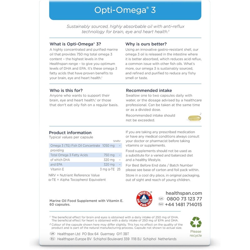 Healthspan Opti-Omega 3 Fish Oil Capsules | 750mg Omega 3