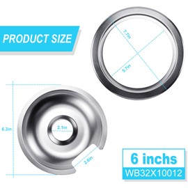 Electric Stove Burner Drip Bowl 6 Inch WB32X10012 (3 Pack Small) & 8 Inch WB32X10013 (1 Pack Large) Chrome Drip Pans with 4pcs Trim Rings Set for G-E Surface Burner Range