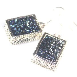 SILVER Vintage Style Ocean Blue Rainbow Titanium Druzy Rectangular Earrings