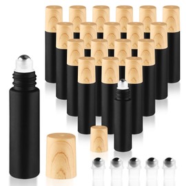 Cositina 20 Pcs 10ml/0.34oz Frosted Glass Roller Bottles Refillable Perfume Bottles with Stainless Steel Roller Balls & Wood Grain Lids for Travel Essential Oils - Black