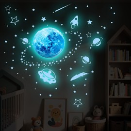 Glow in The Dark Stars Stickers，Moon，Stars and Astronaut Space Wall Stickers Blue Wall Stickers for Boys Kids Bedroom Accessories Decoration Blue
