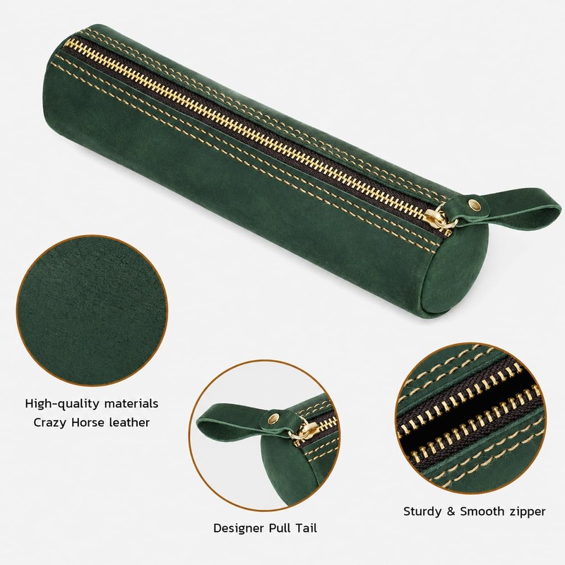 ECHSRT Genuine Leather Pencil Pouch, Classic Cylinder Pen Bag -
