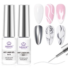 MIZHSE Gel Liner Nail Art, White and Metallic Silver Painting Gel Polish, Mirror Chrome Silver Classic White Glossy Drawing Line Stripe Swirls French Nail Design DIY Manicure Soak Off Nail Art