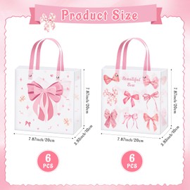 12 Pcs Pink Bow clear gift bags with handles reusable frosted plastic gift bags Pink Coquette Bowknot Party Favor Bags for party Baby Shower Wedding Birthday 7.87 x 7.87 x 3.94 Inch