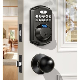 Veise Fingerprint Door Lock with 2 Door Knobs - Keyless Entry Door Lock with Handle, Electronic Keypad Deadbolt, Smart Front Door Lock Set, Auto Lock, Waterproof, Easy Installation, Matte Black