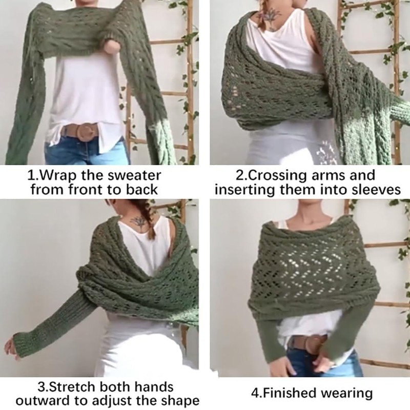 Multifunctional Scarf Sweater Wrap With Sleeves for Women (Khaki)