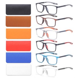 BLOEXCLU 6 Pack Reading Glasses for Men Sports Style Blue Light Blocking Readers with Spring Hinge Women Eyeglasses (Black & red & Brown & Orange & Blue & transparent, 3.5, x)