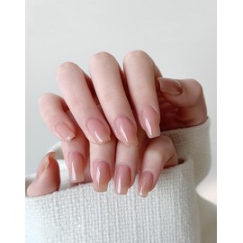 Nude French Tip Press on Nails Medium Fake Nails Tips Full Cover Reusable False Nails Coffin Nails Glue on Nails for Women and Girls 24PCS