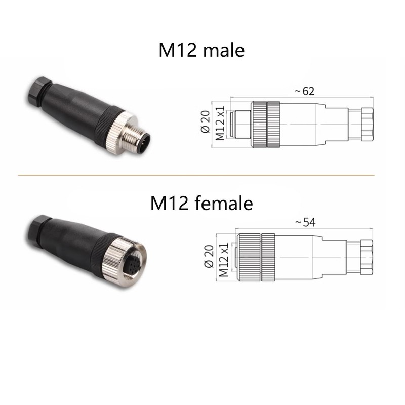 Pack of 5 M12 4-Pin Female Circular Connectors, On-site Mounted